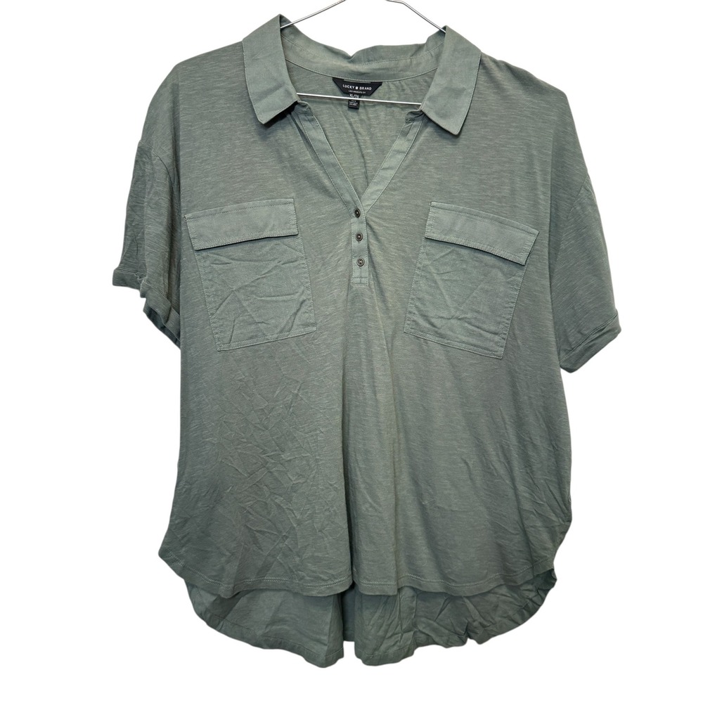 Lucky Brand Womens Henley Top XL Green Short Sleeve Pocket Cotton Boho Utility